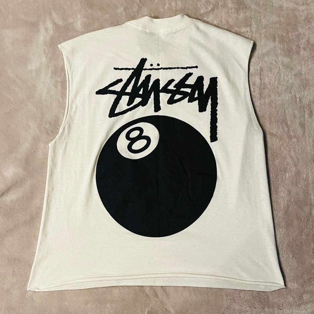 Vintage Stussy 8 Ball Sleeveless Cropped White Shirt Men’s Size Large